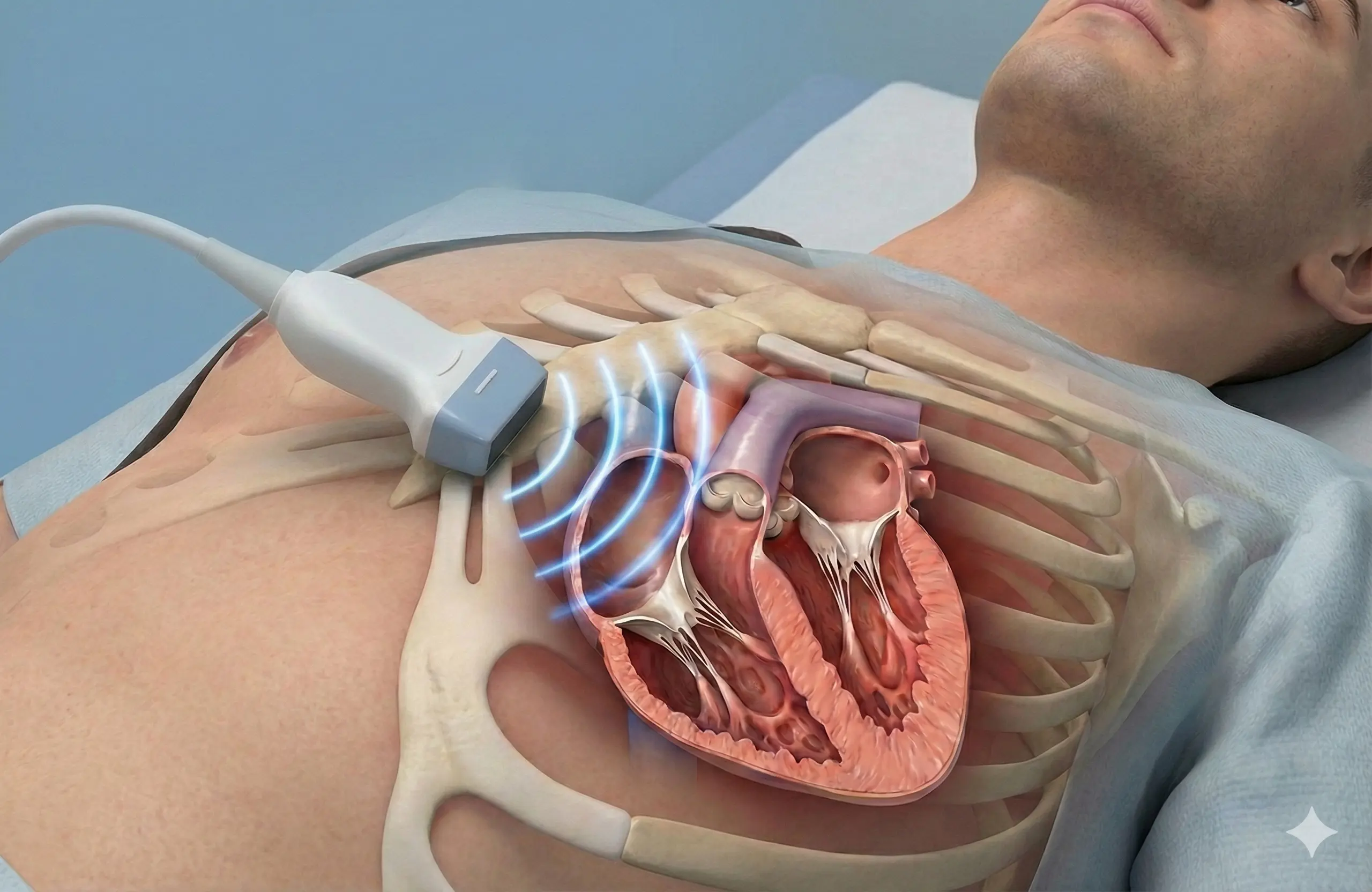 Ilustração do Ecocardiograma Transtorácico mostrando o transdutor visualizando o coração